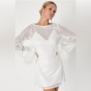 Lulu's Marvelous Energy White Sequin Mesh Feather Cuff Long Sleeve Mini Dress L